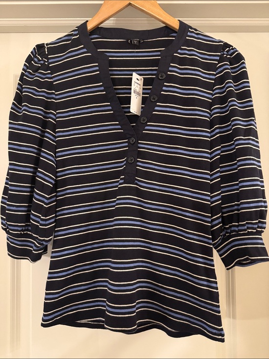 Express Tops - Express Women's Navy Striped Puff-Sleeve Henley Top - M NWT